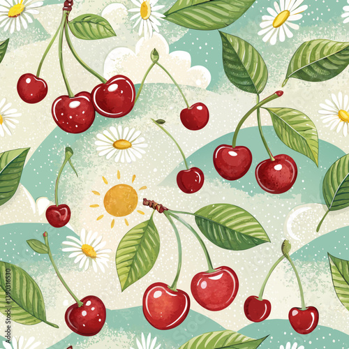 Playful Seamless Cherry Red & Fresh Green Blend Background – Sunny Day Fruit Picking Joy in Watercolor Style"