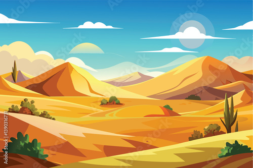 An illustration of a desert landscape with rolling sand dunes, sparse vegetation, and a blue sky with white clouds. The sun shines brightly in the sky, casting long shadows over the sand.