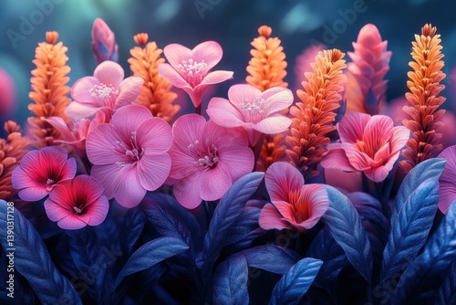 Vibrant garden blossoms in serene twilight create a captivating display of nature's beauty and colors