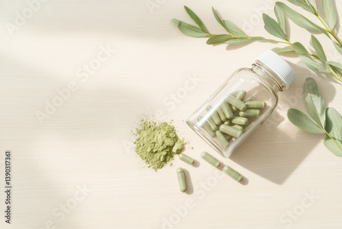 Natural health supplements in glass jar with green capsules and