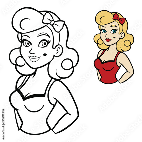 A glamorous pin-up girl strikes a confident pose, standing on a mirror that reflects her vintage charm, red lips, and high heels—beauty and attitude from every angle.