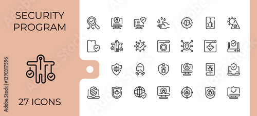 Set of Antivirus line icon. Includes thin line symbols protect, privacy, tech, defense, hacker and more. Line icons with editable stroke. Cyber icon. Vector illustration.