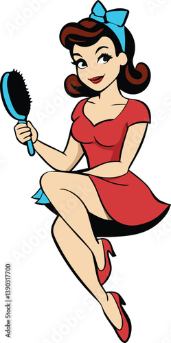 A glamorous pin-up girl sits gracefully, brushing her hair with a vintage touch, exuding classic charm and retro elegance in a timeless, flirty pose.