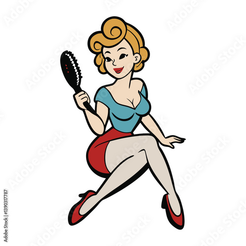 A glamorous pin-up girl sits gracefully, brushing her hair with a vintage touch, exuding classic charm and retro elegance in a timeless, flirty pose.