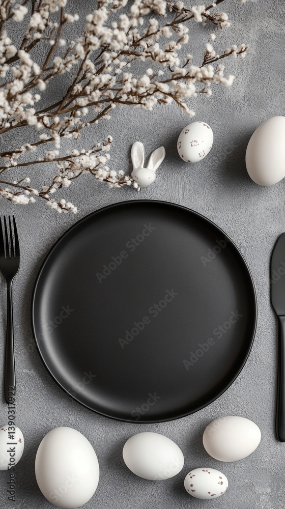 Elegant Easter table setting with matte black plate, white eggs, and delicate blooming branches on soft gray background, creating a minimalist and sophisticated seasonal composition