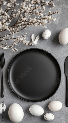 Obraz na płótnie Elegant Easter table setting with matte black plate, white eggs, and delicate blooming branches on soft gray background, creating a minimalist and sophisticated seasonal composition w salonie