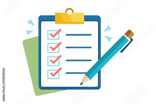 An illustration of a blue clipboard checklist with a pencil and checkmarks.