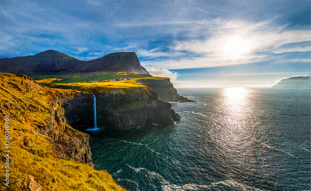 Sea coast waterfall in the morning
