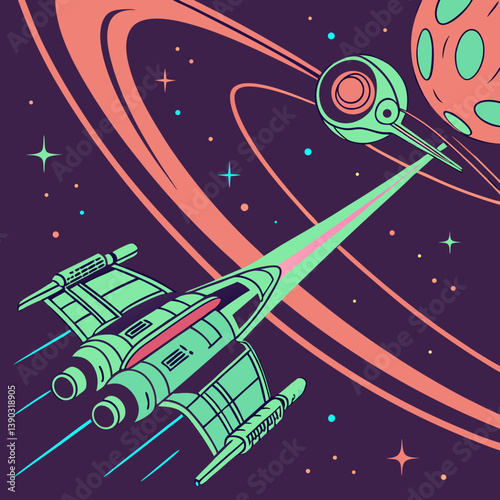 Spacecrafts flying in space with planets and starfield