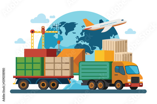 A digital illustration depicting global shipping with a truck carrying containers, an airplane flying over a world map, and a crane in the background.