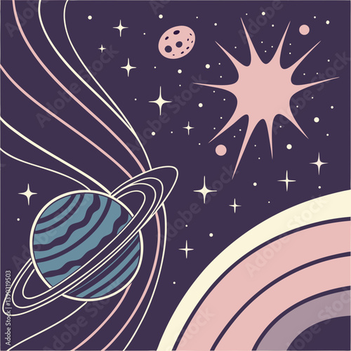 Illustration of a planet with rings and cosmic elements