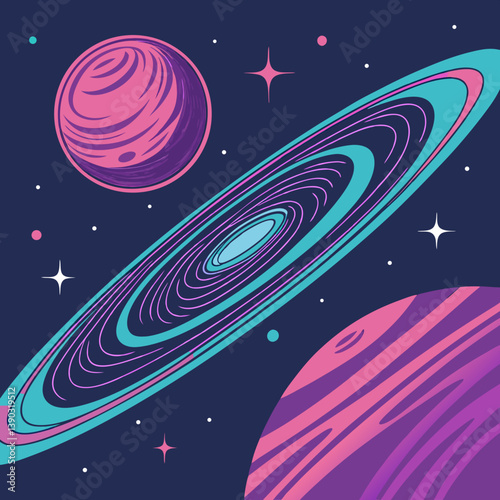 Illustration of planets stars and a galaxy in space art