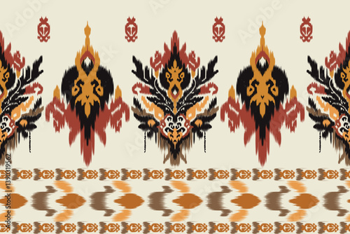 Seamless Ikat pattern with ornamental floral and tribal motifs in warm tones of orange, brown, red, and black. Traditional ethnic textile design for fashion, fabric, and decor use.