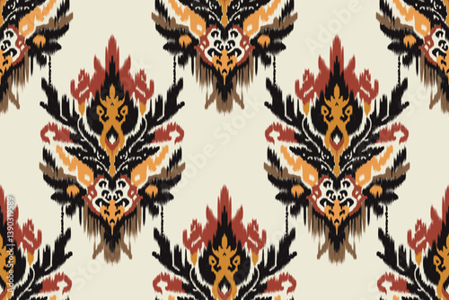 Seamless Ikat pattern with ornamental floral and tribal motifs in warm tones of orange, brown, red, and black. Traditional ethnic textile design for fashion, fabric, and decor use.