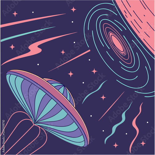 Stylized ufo and black hole in a colorful space scene