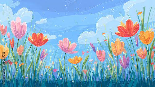 Spring Landscape with Blooming Flowers and Lush Grass