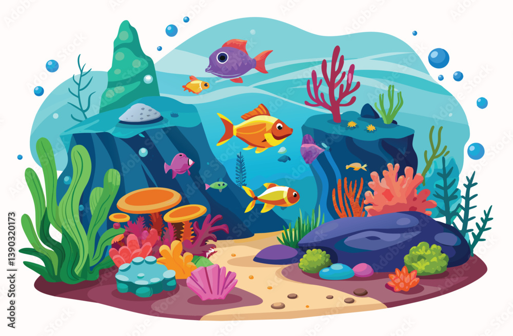 An illustration of a colorful seabed with fish, coral reefs, and seaweed. The illustration features various fish species swimming in the water, along with colorful corals and seaweeds. An illustration of a colorful seabed with fish, coral reefs, and seaweed. The illustration features various fish species swimming in the water, along with colorful corals and seaweeds.