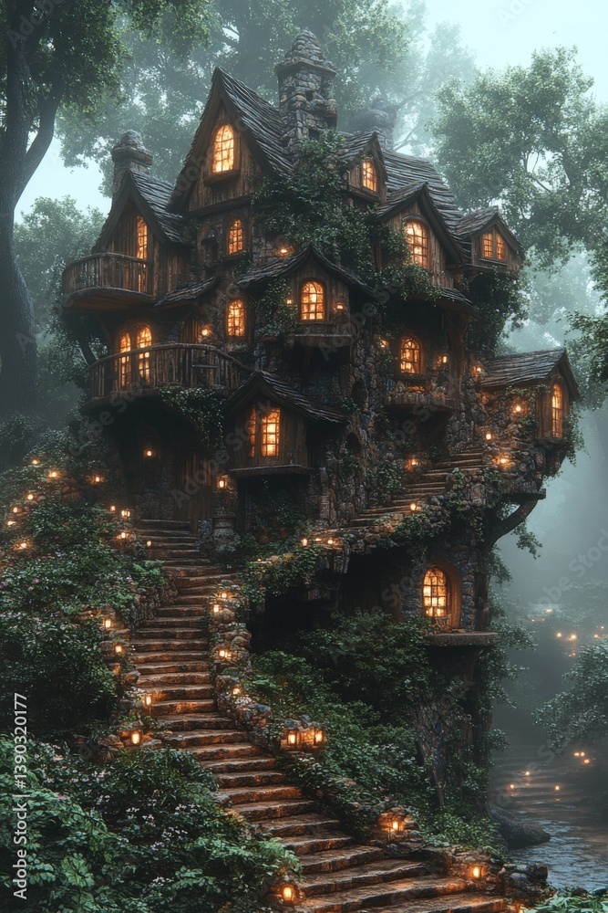 Obraz premium Enchanting treetop house, nestled amidst lush forest, illuminated by warm lights