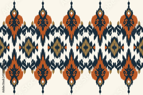 Seamless Ikat pattern with geometric tribal design in burnt orange, navy, and olive tones
