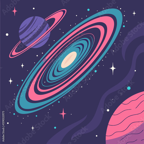 Illustration of a galaxy with planets and stars around it