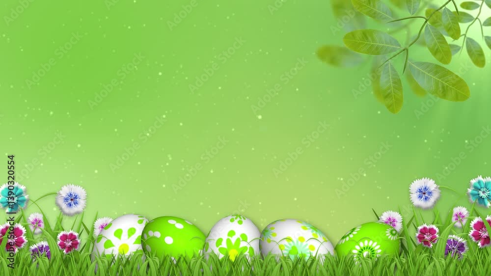 five decorated easter eggs on green blur background, waving colourful flowers, green meadow grass, green tree branch with bright sunlight. easter holiday animation in green nature theme.