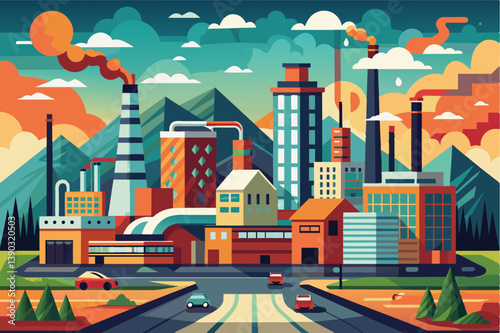 An illustration of a city with factories, smoke stacks, and buildings. The sky is sunset orange and blue with white clouds.