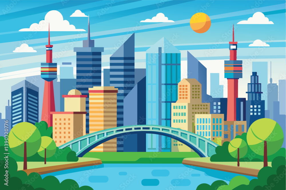 An illustration of a city with tall buildings, a bridge crossing a river, and green trees in the foreground.