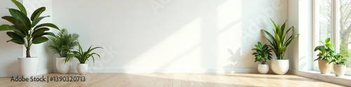 Minimalist empty white room with a warm wooden floor and pops of green from various plants scattered around the space,  room,  wooden