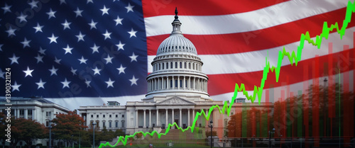 US Capitol and American Flag with Stock Market Chart Symbolizing National Debt and Economic Challenges Generative AI