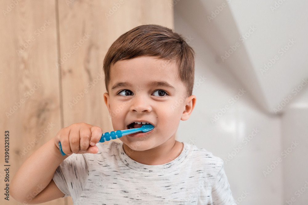 Child brushing teeth. Kids tooth brush and paste. Little funny baby boy brushing his teeth in modern bathroom on sunny morning. Dental hygiene and health for children Child brushing teeth. Kids tooth brush and paste. Little funny baby boy brushing his teeth in modern bathroom on sunny morning. Dental hygiene and health for children