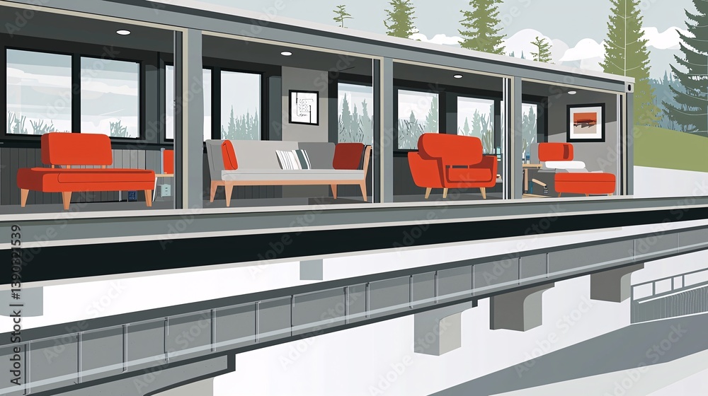 Fototapeta premium cutaway view of a shipping container converted into a cozy modern tiny home, featuring furniture, windows, and interior decor, illustrating sustainable living and innovative architecture. shipping 