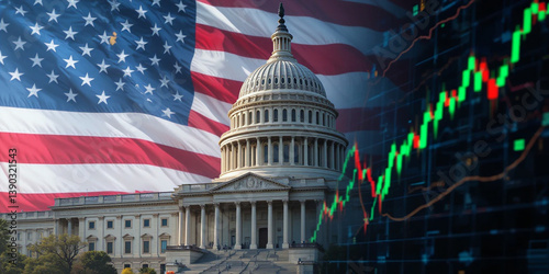 US Capitol and American Flag with Stock Market Chart Symbolizing National Debt and Economic Challenges Generative AI