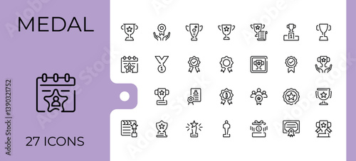 Award linear icon collection. Related to champion, reward, success, championship, badge, competition and more. Thin icons set. Reward line icon set. Editable stroke vector art. photo
