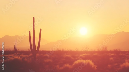 Sunset over Sonoran Desert with Saguaro cacti.