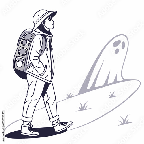 Person walking with a backpack and a ghost like shadow