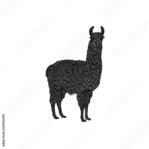 Black llama standing and looking forward, detailed illustration