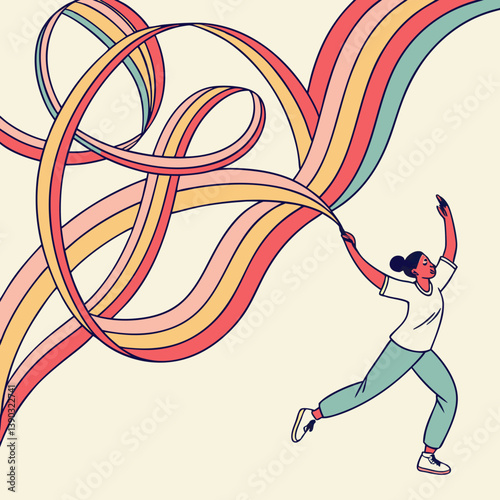 Woman holding a colorful ribbon with pastel background