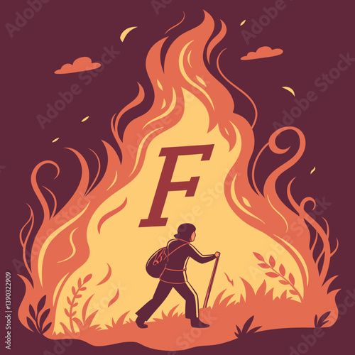 Illustration of a hiker with letter f and flame background