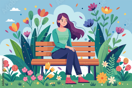 A woman sits on a wooden bench, surrounded by a vibrant garden full of colorful flowers. She appears to be relaxed and content, enjoying the beautiful surroundings.