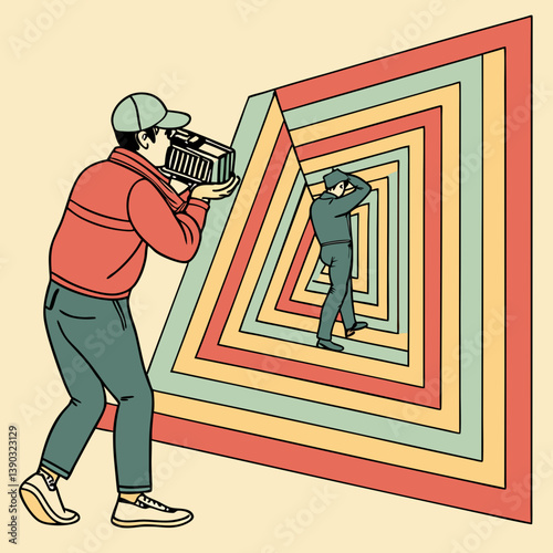 Man filming another man in a triangle shaped tunnel art
