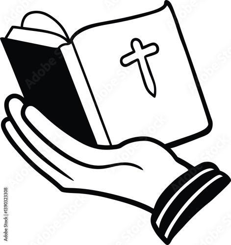 Outlined Hand Holding Holy Book Featuring a Cross with Transparent Background