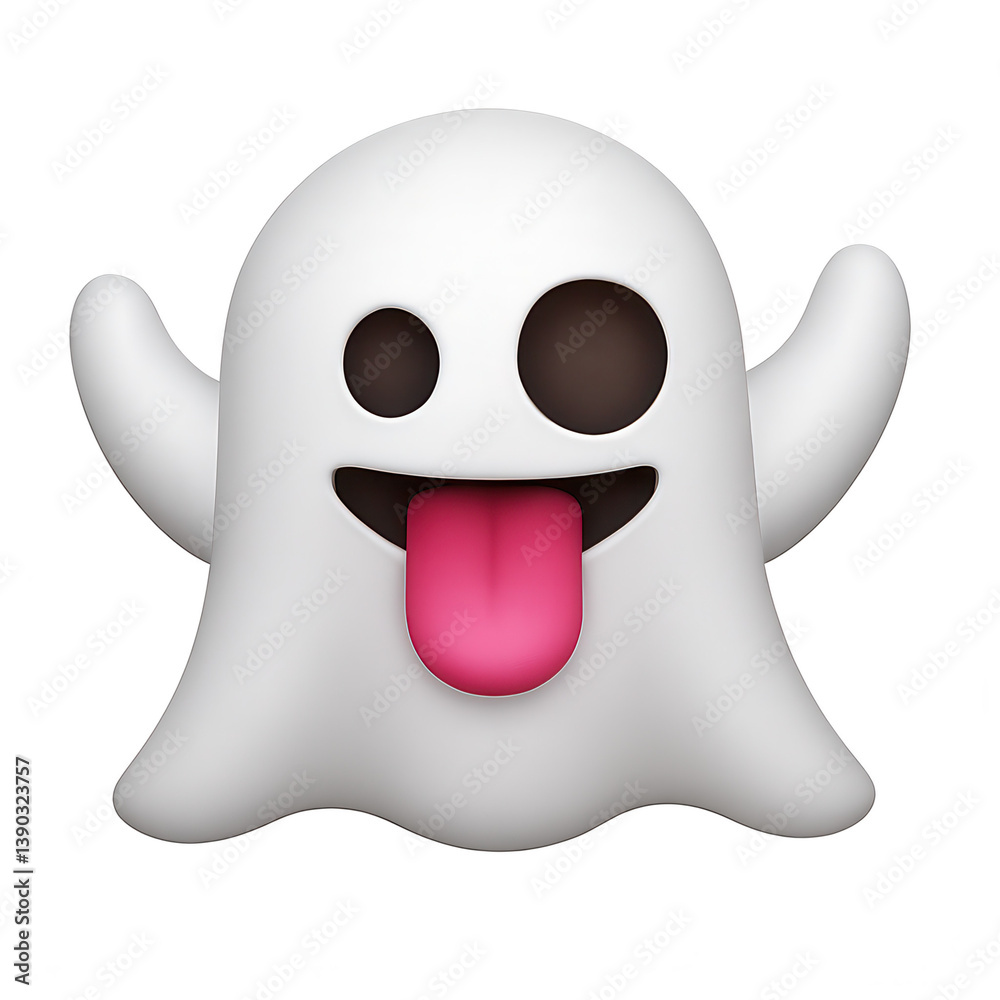 3D ghost emoji with tongue out and raised arms on transparent background 3D ghost emoji with tongue out and raised arms on transparent background
