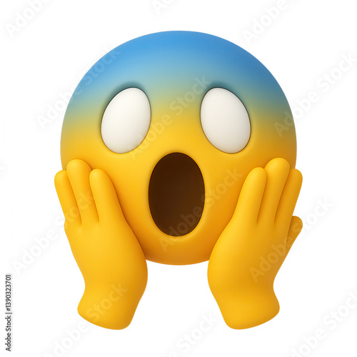 3D emoji with shocked expression and hands on cheeks in blue and yellow gradient on transparent background