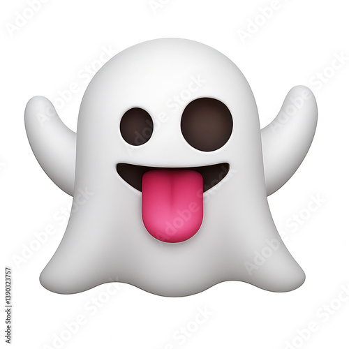 3D ghost emoji with tongue out and raised arms on transparent background