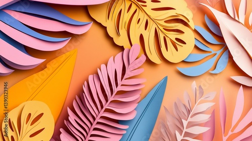 Paper cut tropical leaf background with summer theme color palette design