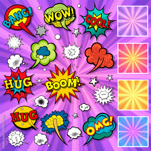 Colorful comic speech bubbles exploding with emotions and sounds like bang, wow, cool, boom, hug, and omg, adding a dynamic touch to storytelling