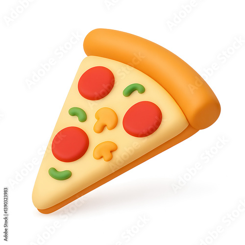 3D pizza slice icon with pepperoni, mushrooms and green toppings on transparent background