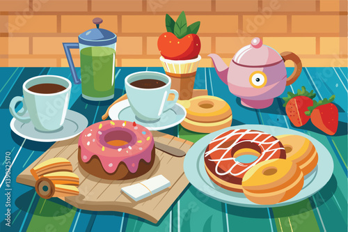 This illustration depicts a breakfast table setting featuring colorful donuts, tea, coffee, and strawberries.