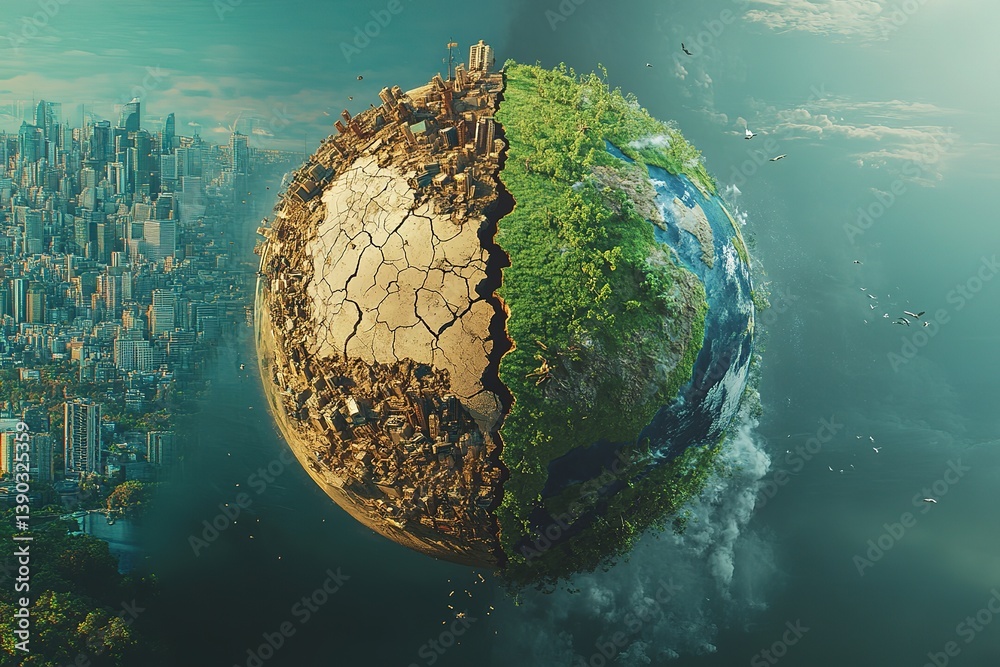 Fototapeta premium Cracked Globe Half Desert Wasteland, Half Lush Nature & City Skyline; Birds Flying