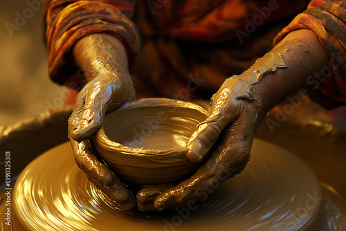 Hands holding bowl in spinning clay